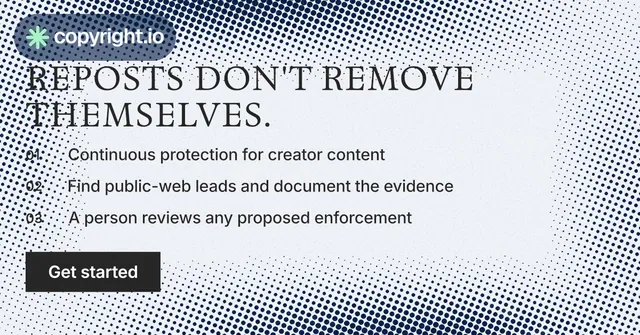 Social ad for copyright.io: "Reposts don't remove themselves." Split block style, numbered layout, light palette in grey, blue, white.