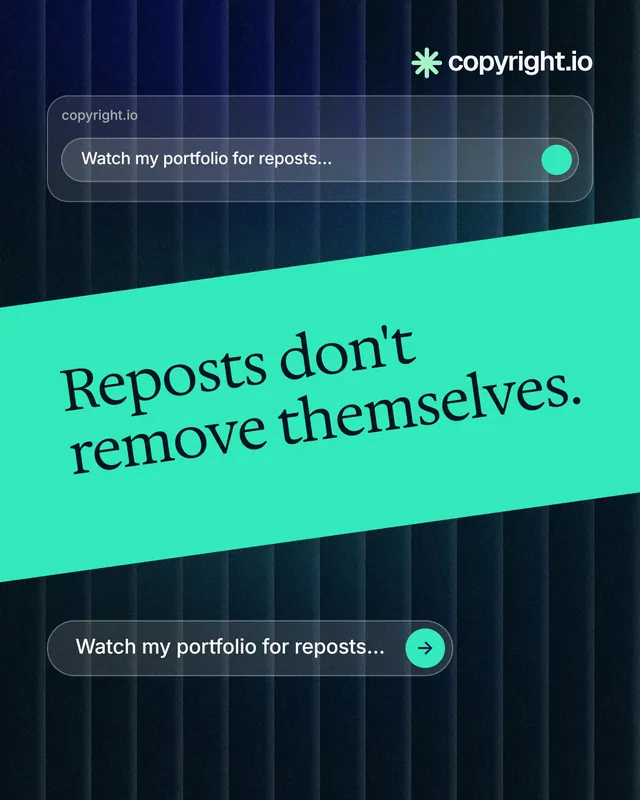 Instagram portrait post for copyright.io: "Reposts don't remove themselves." Agentic glass style, diagonal layout, dark palette in blue, black, teal.
