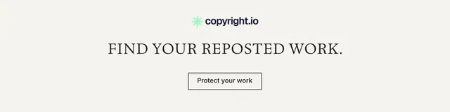 LinkedIn banner for copyright.io: "Find your reposted work." Editorial style, centred layout, light palette in white, grey.