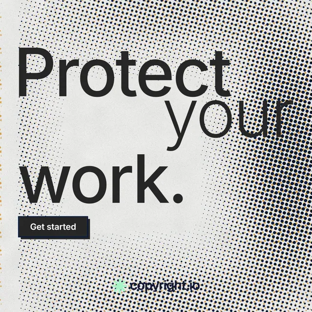 Instagram post for copyright.io: "Protect your work." Brutalist style, stacked layout, light palette in grey, white.