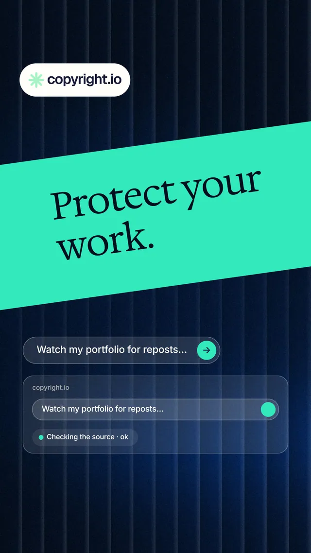 Instagram story for copyright.io: "Protect your work." Agentic glass style, diagonal layout, dark palette in teal, black, blue.