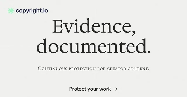 Social ad for copyright.io: "Evidence, documented." Minimal luxury style, smallcaps layout, light palette in white.