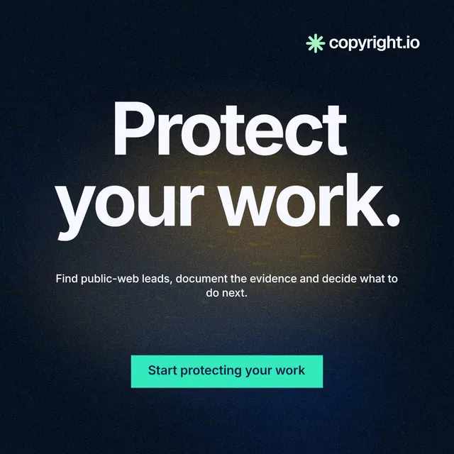 Instagram post for copyright.io: "Protect your work." Swiss style, centred layout, dark palette in blue, black, grey.