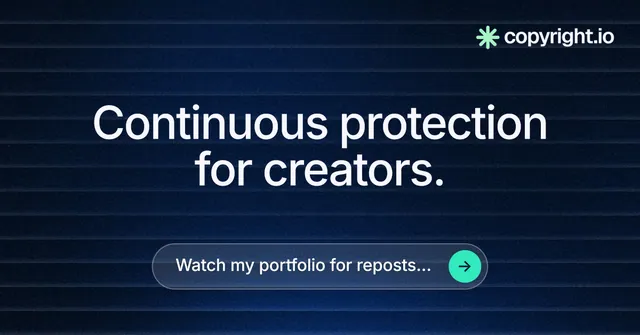 Social ad for copyright.io: "Continuous protection for creators." Agentic glass style, centred layout, dark palette in blue, black.