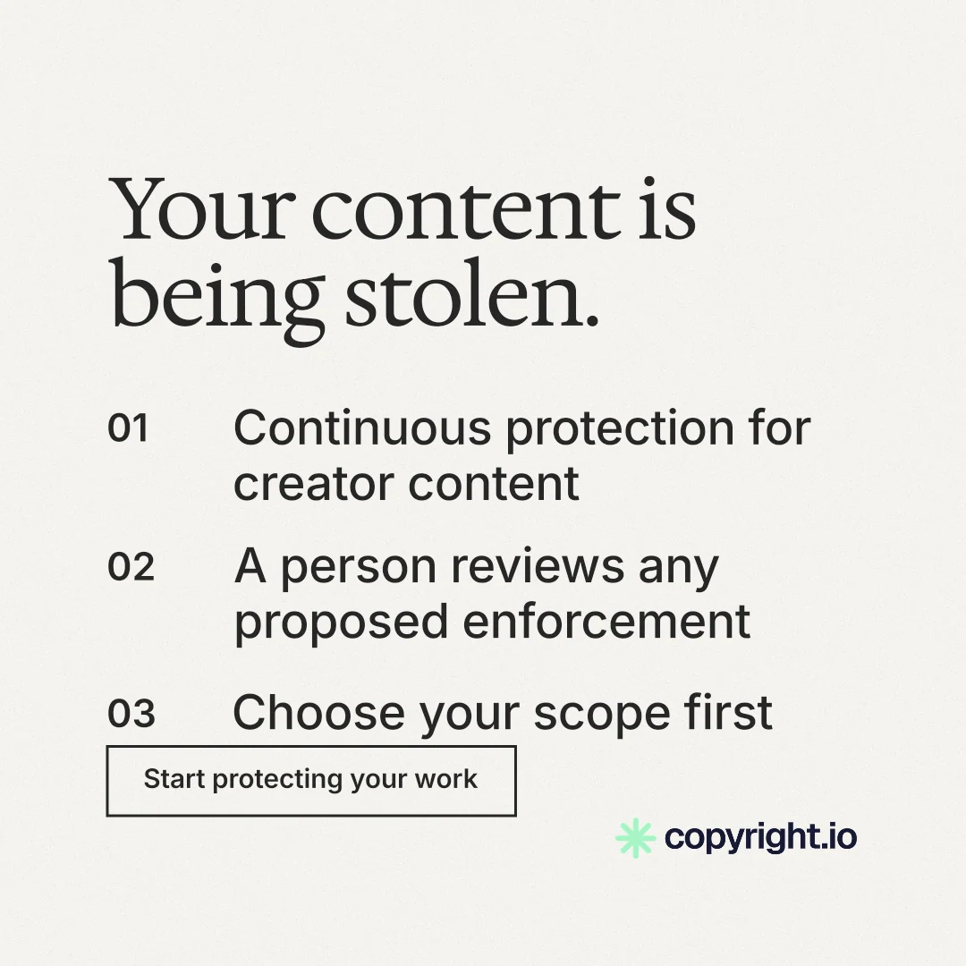 Instagram post for copyright.io: "Your content is being stolen." Editorial style, numbered layout, light palette in white, grey.