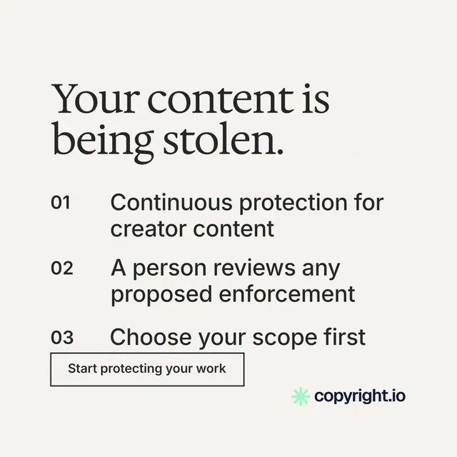 Instagram post for copyright.io: "Your content is being stolen." Editorial style, numbered layout, light palette in white, grey.