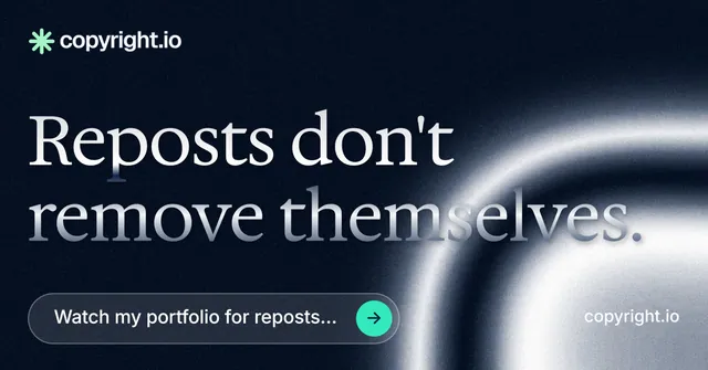Social ad for copyright.io: "Reposts don't remove themselves." Agentic glass style, poster layout, dark palette in black, grey, blue.