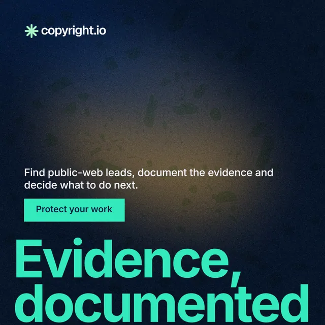 Instagram post for copyright.io: "See the plan first." Swiss style, oversized layout, dark palette in black, teal, blue.