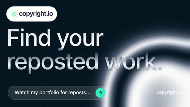 Landscape graphic for copyright.io: "Find your reposted work." Agentic glass style, poster layout, dark palette in black, white, grey.