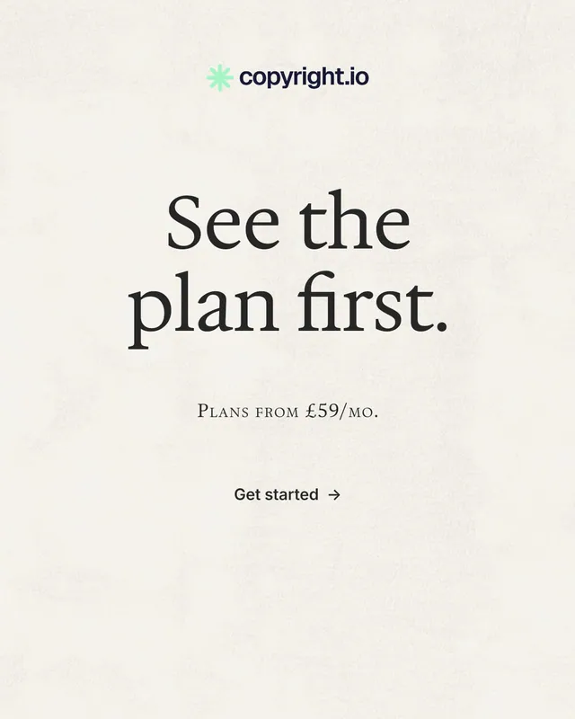 Instagram portrait post for copyright.io: "See the plan first." Minimal luxury style, smallcaps layout, light palette in white, grey.