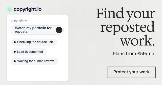 Social ad for copyright.io: "Find your reposted work." Editorial style, right layout, light palette in white, grey.