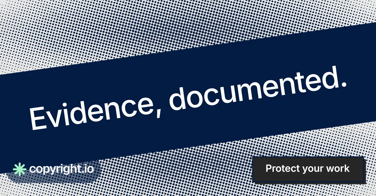 Social ad for copyright.io: "Evidence, documented." Brutalist style, diagonal layout, dark palette in blue, grey.