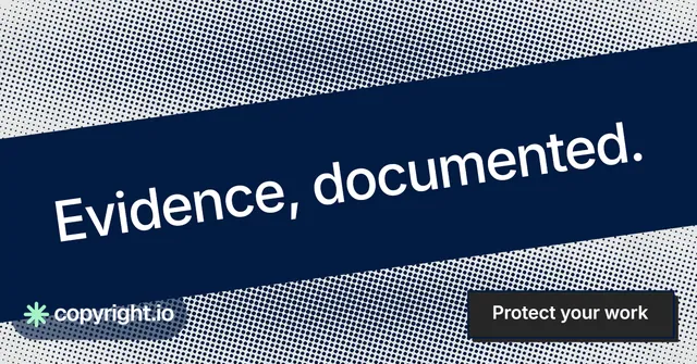 Social ad for copyright.io: "Evidence, documented." Brutalist style, diagonal layout, dark palette in blue, grey.
