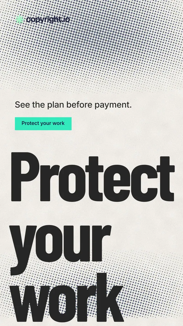 Instagram story for copyright.io: "Find your reposted work." Retro print style, oversized layout, light palette in orange, grey, white.