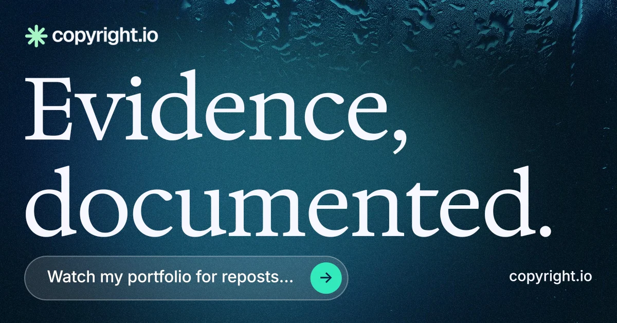 Social ad for copyright.io: "Evidence, documented." Agentic glass style, poster layout, dark palette in blue, black.