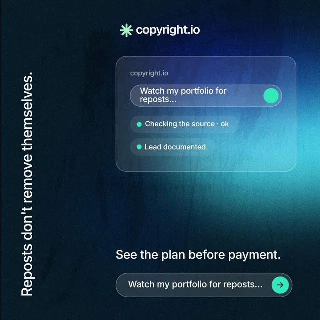 Instagram post for copyright.io: "Reposts don't remove themselves." Agentic glass style, vertical layout, dark palette in black, blue.