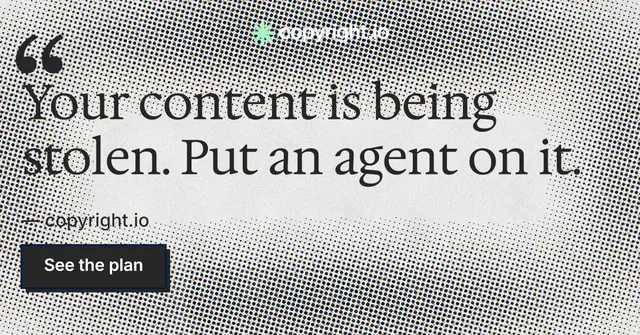 Social ad for copyright.io: "Reposts don't remove themselves." Brutalist style, quote layout, light palette in grey, white.