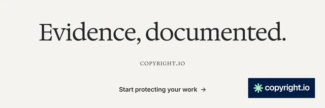 X header for copyright.io: "Evidence, documented." Editorial style, smallcaps layout, light palette in white, grey.
