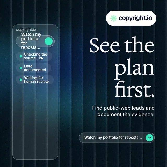 Instagram post for copyright.io: "See the plan first." Agentic glass style, right layout, dark palette in black, blue, grey.