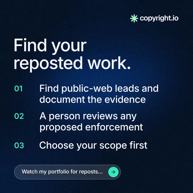 Instagram post for copyright.io: "Find your reposted work." Agentic glass style, numbered layout, dark palette in black, blue.