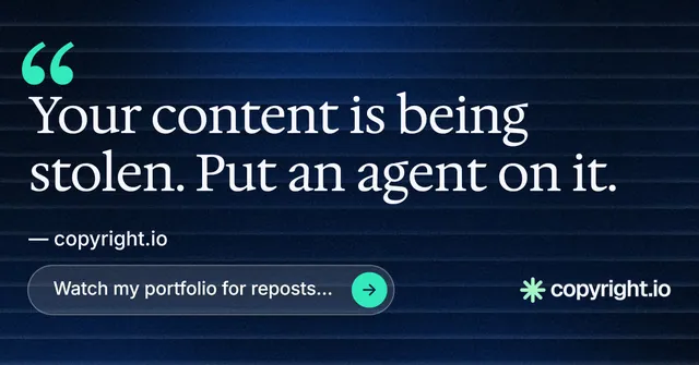 Social ad for copyright.io: "Put an agent on it." Agentic glass style, quote layout, dark palette in blue, black.