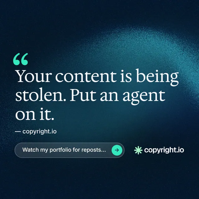 Instagram post for copyright.io: "Reposts don't remove themselves." Agentic glass style, quote layout, dark palette in blue, black.