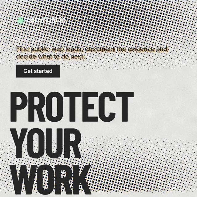Instagram post for copyright.io: "Protect your work." Retro print style, oversized layout, light palette in white, grey.