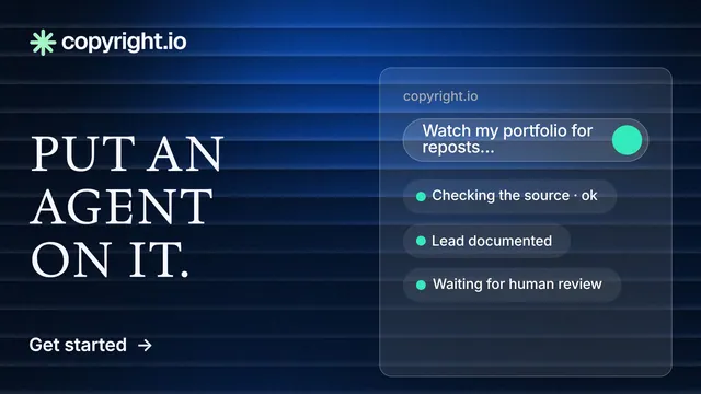 Landscape graphic for copyright.io: "Put an agent on it." Minimal luxury style, bottom layout, dark palette in black, blue.