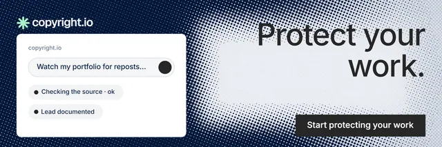X header for copyright.io: "Protect your work." Split block style, right layout, light palette in blue, white, grey.