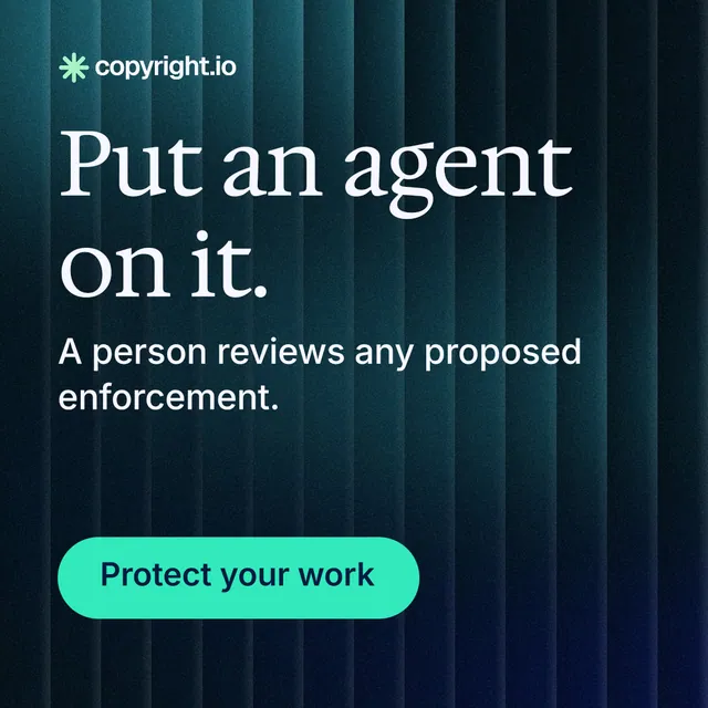 Instagram post for copyright.io: "Put an agent on it." Agentic glass style, skeleton layout, dark palette in blue, black, teal.