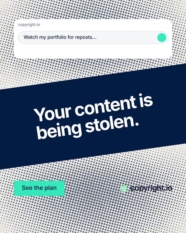 Instagram portrait post for copyright.io: "Your content is being stolen." Swiss style, diagonal layout, light palette in grey, blue, white.
