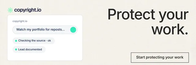 X header for copyright.io: "Protect your work." Editorial style, right layout, light palette in white.