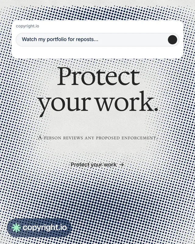 Instagram portrait post for copyright.io: "Protect your work." Brutalist style, smallcaps layout, light palette in grey, white.