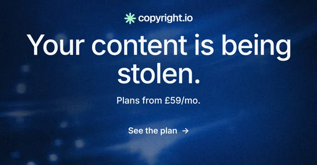 Social ad for copyright.io: "Your content is being stolen." Minimal luxury style, centred layout, dark palette in blue.