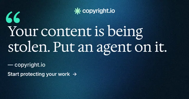 Social ad for copyright.io: "Put an agent on it." Minimal luxury style, quote layout, dark palette in blue, black.