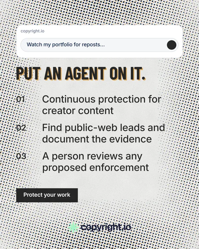 Instagram portrait post for copyright.io: "Put an agent on it." Retro print style, numbered layout, light palette in grey, white.