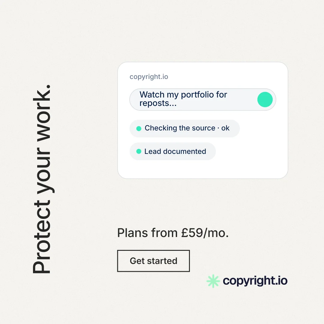 Instagram post for copyright.io: "Protect your work." Editorial style, vertical layout, light palette in white.