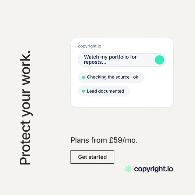 Instagram post for copyright.io: "Protect your work." Editorial style, vertical layout, light palette in white.