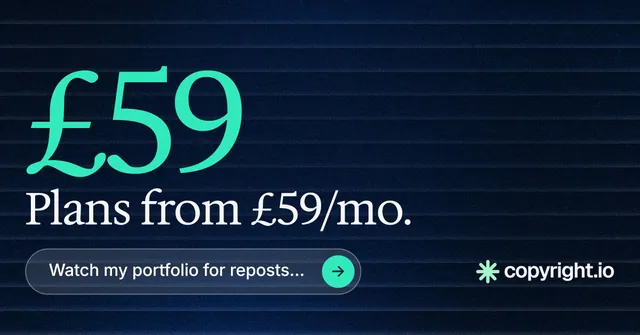 Social ad for copyright.io: "Evidence, documented." Agentic glass style, stat layout, dark palette in black, blue, teal.