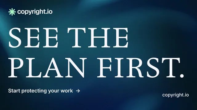 Landscape graphic for copyright.io: "See the plan first." Minimal luxury style, poster layout, dark palette in blue, black.