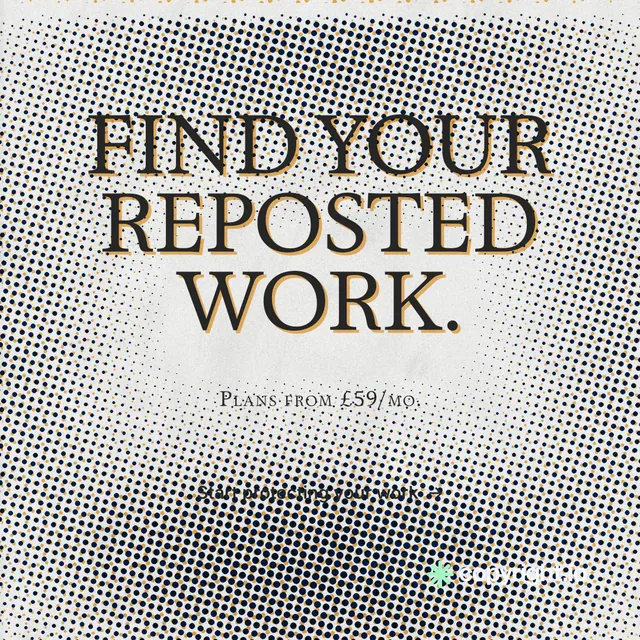 Instagram post for copyright.io: "Find your reposted work." Retro print style, smallcaps layout, light palette in grey, white.