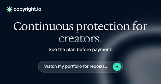 Social ad for copyright.io: "Continuous protection for creators." Agentic glass style, centred layout, dark palette in black, grey.
