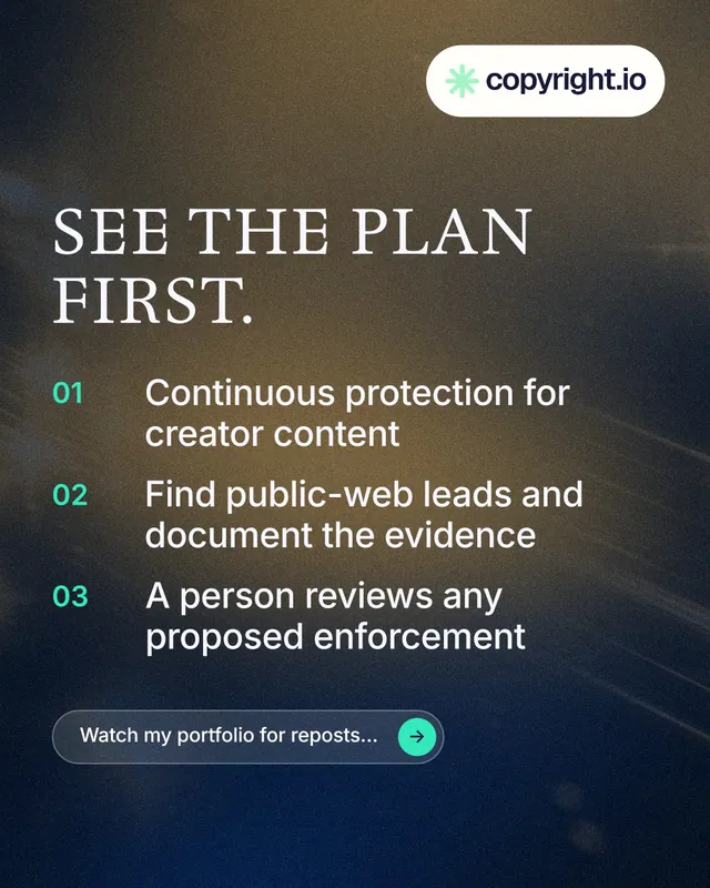 Instagram portrait post for copyright.io: "See the plan first." Agentic glass style, numbered layout, dark palette in orange, blue, black.