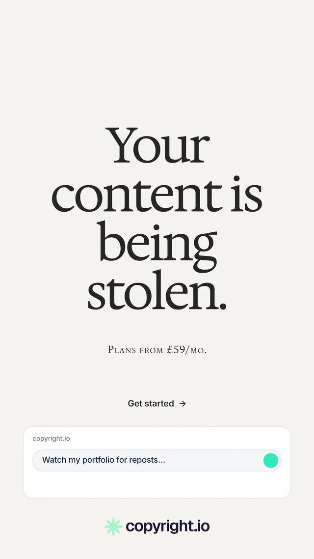 Instagram story for copyright.io: "Your content is being stolen." Swiss style, smallcaps layout, light palette in white, grey.