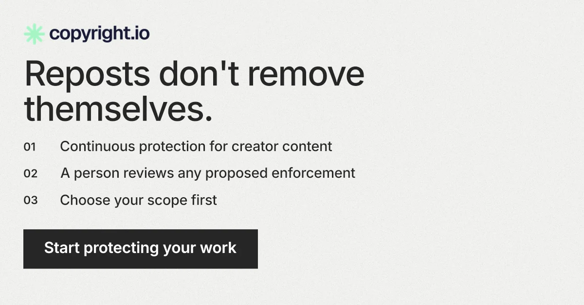 Social ad for copyright.io: "Reposts don't remove themselves." Swiss style, numbered layout, light palette in white, grey.