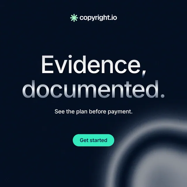 Instagram post for copyright.io: "Evidence, documented." Y2K style, centred layout, dark palette in black, grey.