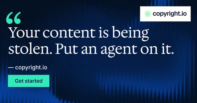 Social ad for copyright.io: "Find your reposted work." Swiss style, quote layout, dark palette in blue, black, teal.