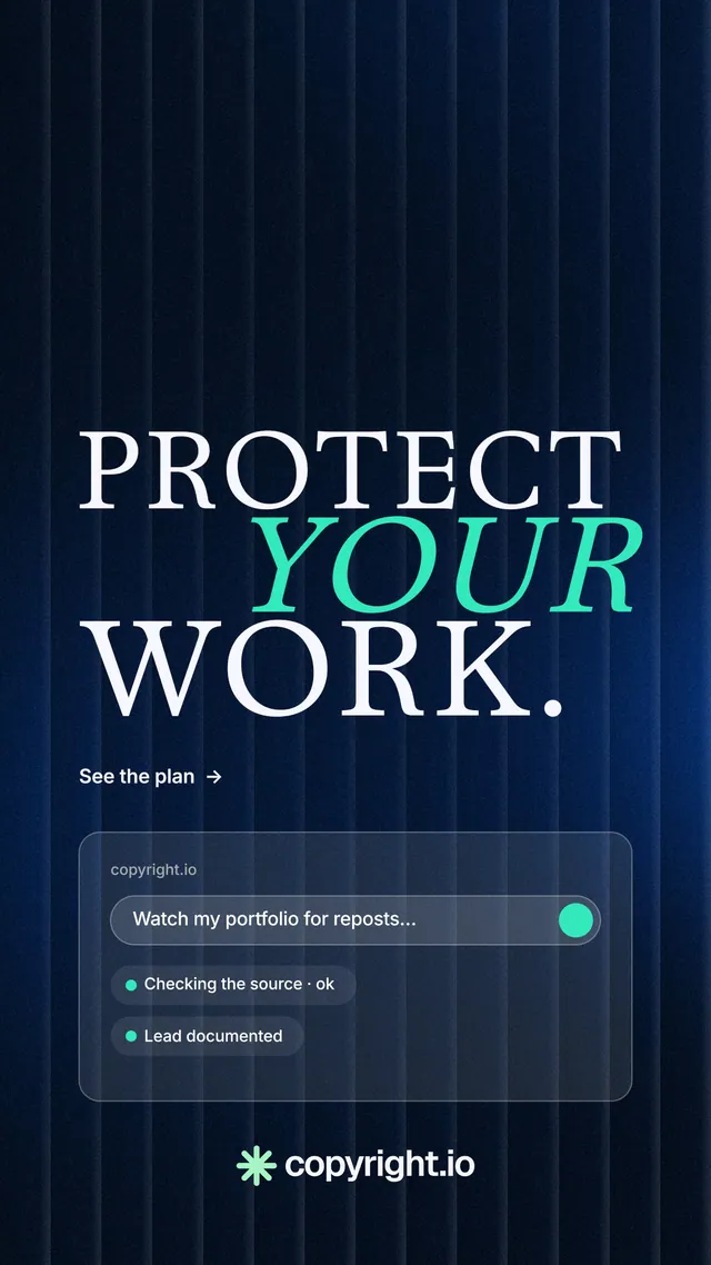 Instagram story for copyright.io: "Protect your work." Minimal luxury style, stacked layout, dark palette in black, blue.