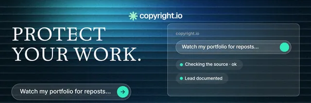 X header for copyright.io: "Protect your work." Agentic glass style, bottom layout, dark palette in blue, black, teal.