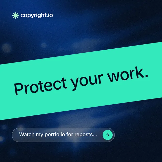 Instagram post for copyright.io: "Protect your work." Agentic glass style, diagonal layout, dark palette in blue, black, teal.